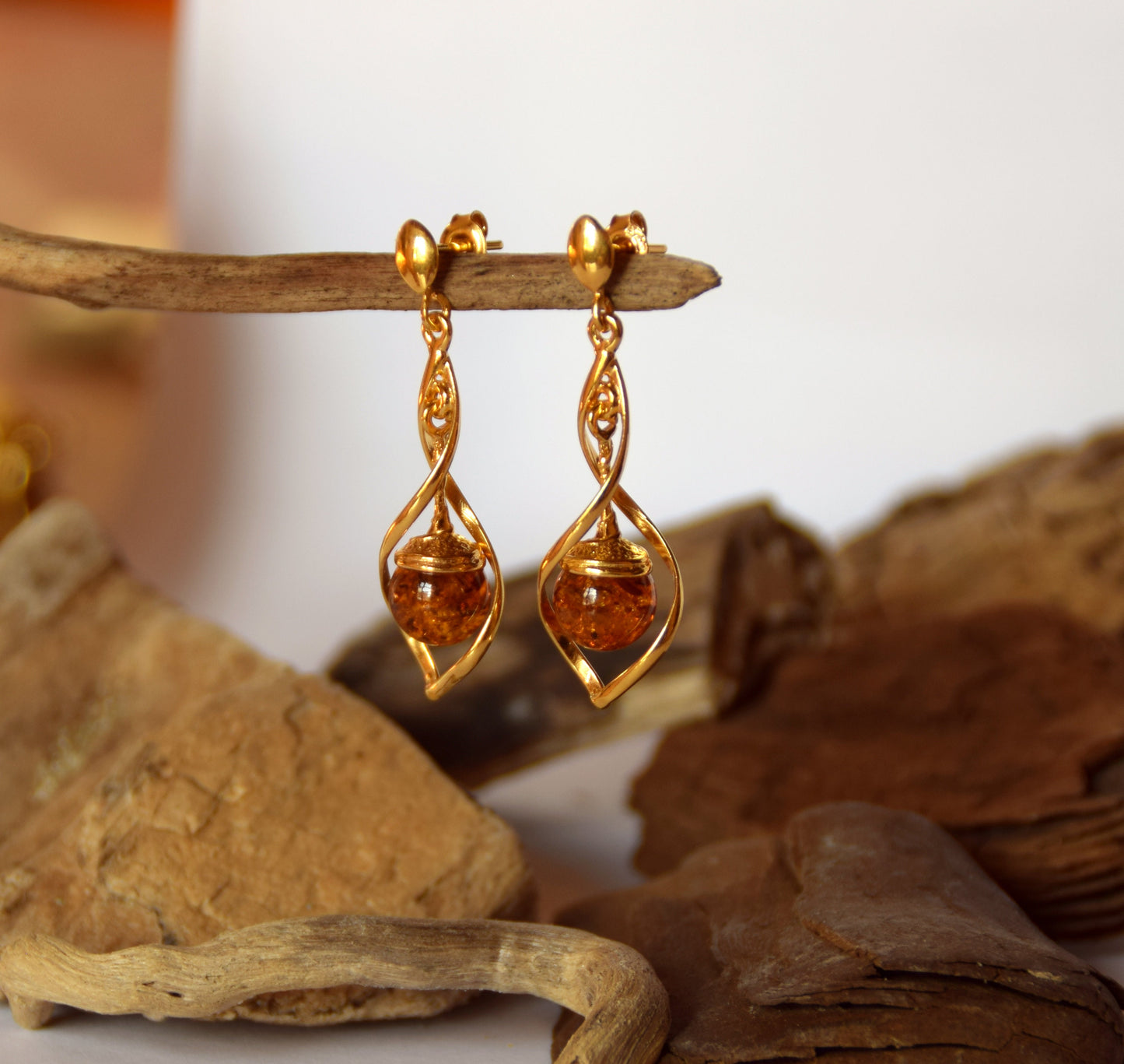 MJ Baltica, earrings, natural Baltic Amber, 925 Silver, 14k Gold plated, sphere, elegant, beautiful, BZK060