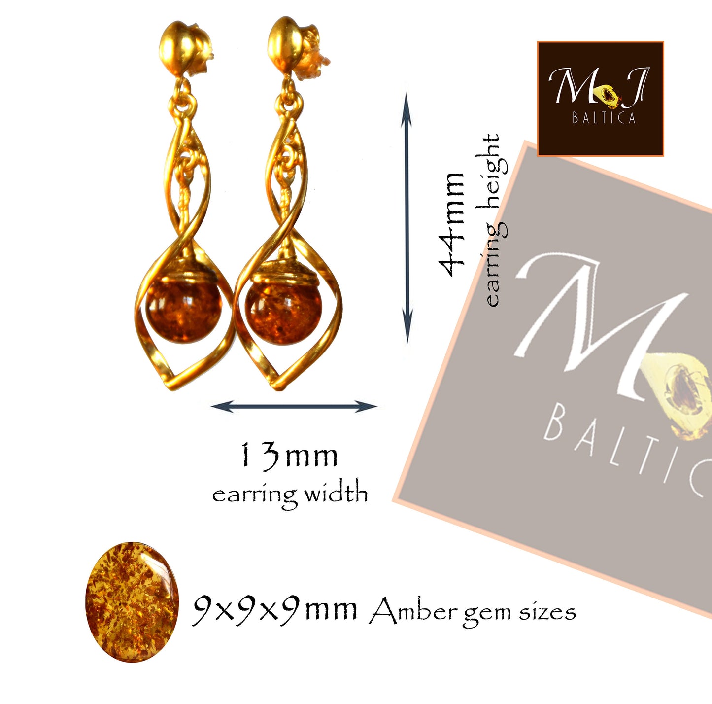 MJ Baltica, orecchini, Ambra naturale Baltica, Argento 925, placcato in Oro 14k, sfera, elegante, bellissimo, BZK060