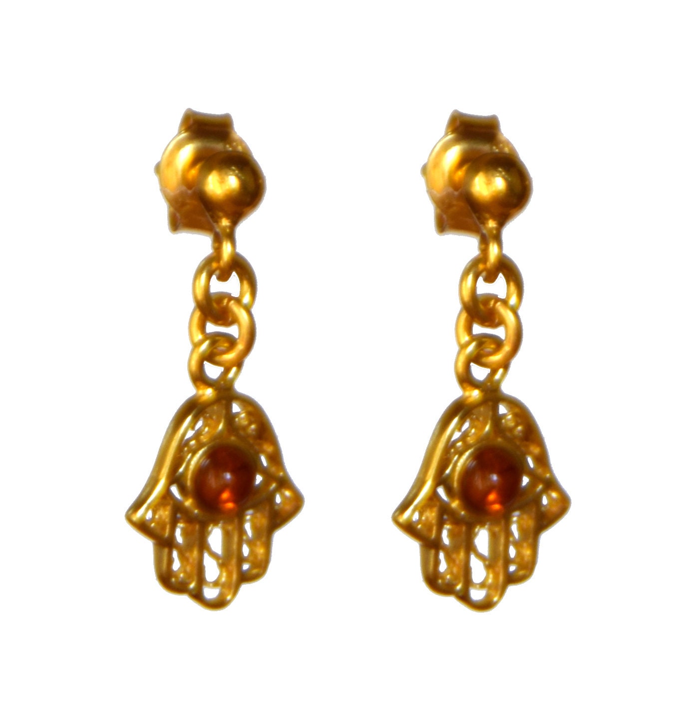 MJ Baltica, earrings, natural Baltic Amber, 925 Silver, 14k Gold plated, hand of Fatima, handcrafted, filigree, BZK061