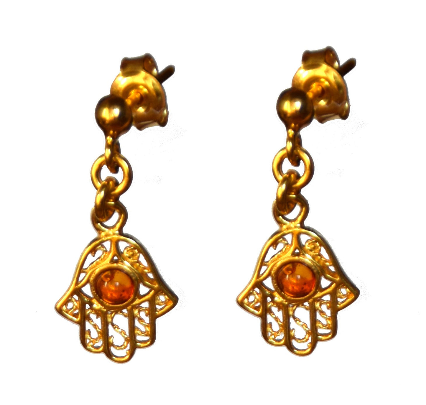 MJ Baltica, earrings, natural Baltic Amber, 925 Silver, 14k Gold plated, hand of Fatima, handcrafted, filigree, BZK061