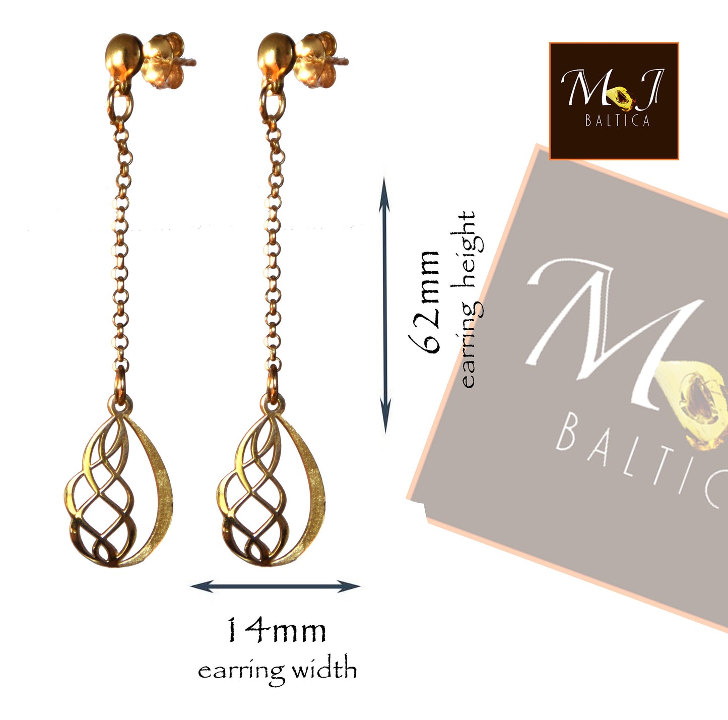 MJ Baltica, earrings, 925 Silver, 14 Gold plated, long, feminine, elegant SZK001