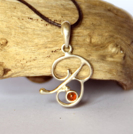 MJ Baltica, pendant, natural Baltic amber, 925 silver, B, letter, initial, cursive, BWLB