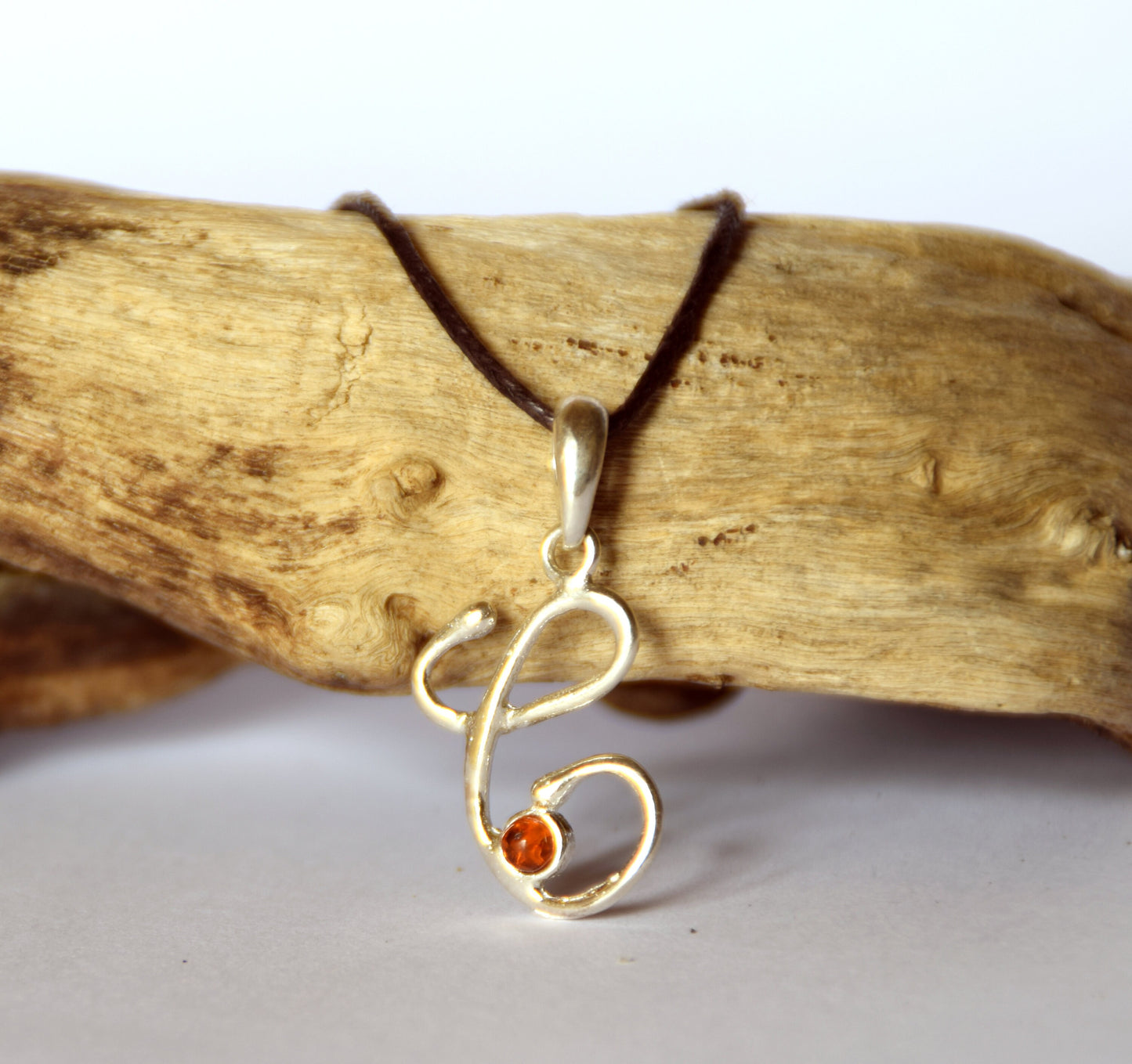 MJ Baltica, pendant, natural Baltic amber, 925 silver, C, letter, initial, italic, BWLC