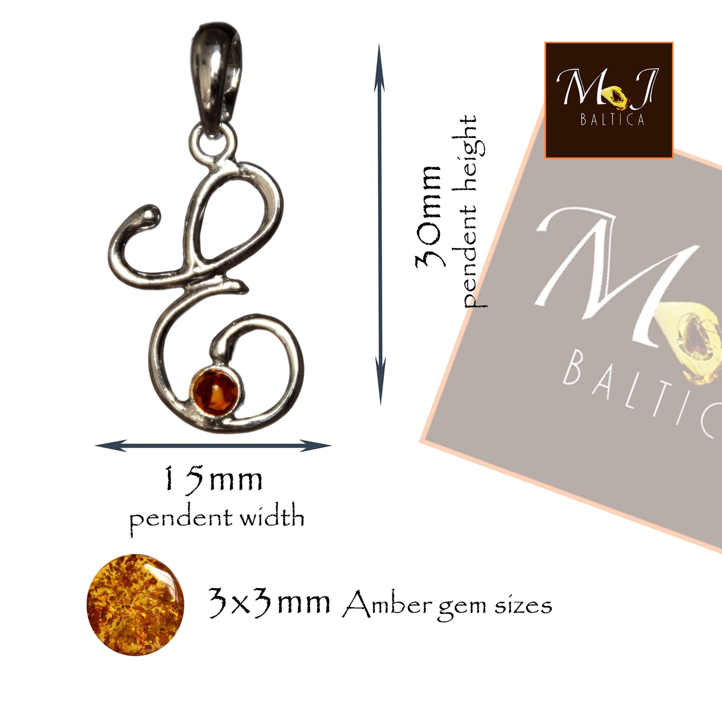 MJ Baltica, pendant, natural Baltic amber, 925 silver, E, letter, initial, cursive, BWLE