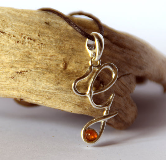 MJ Baltica, pendant, natural Baltic amber, 925 silver, G, letter, initial, cursive, BWLG