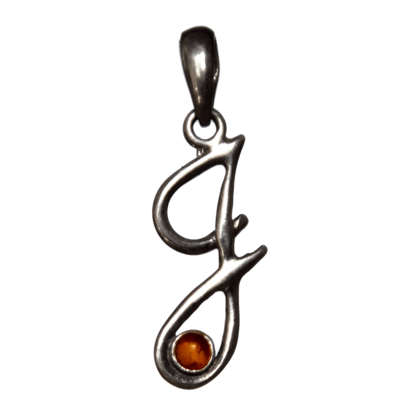 MJ Baltica, pendant, natural Baltic amber, 925 silver, letter, initial, J, cursive, BWLJ