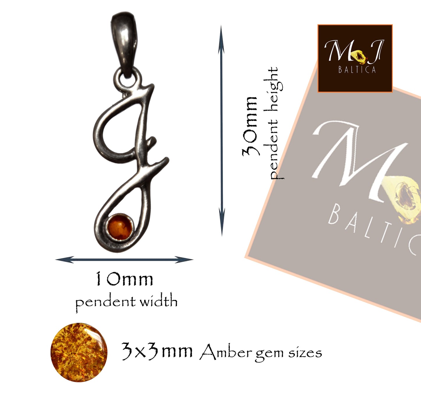 MJ Baltica, pendant, natural Baltic amber, 925 silver, letter, initial, J, cursive, BWLJ