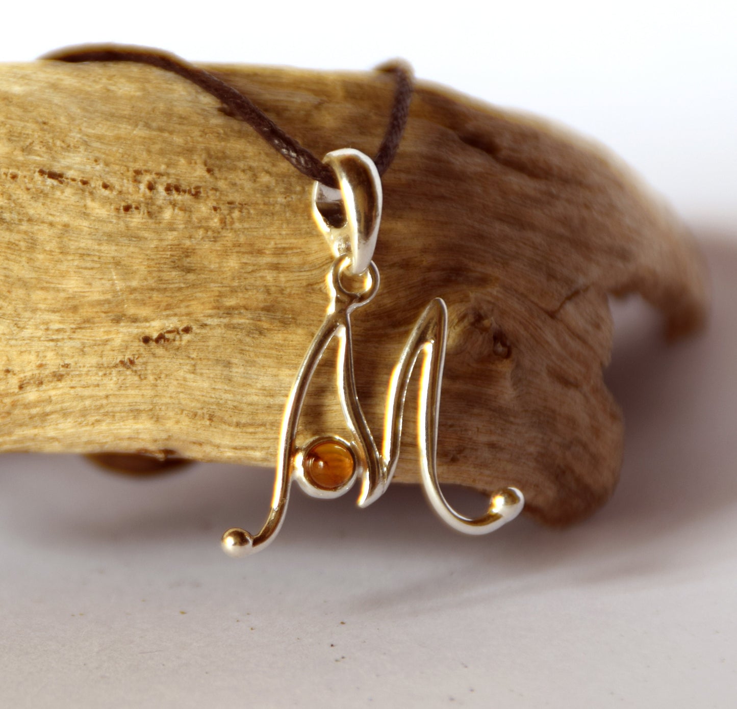 MJ Baltica, pendant, Natural Baltic amber, 925 silver, M, letter, initial, cursive, BWLM