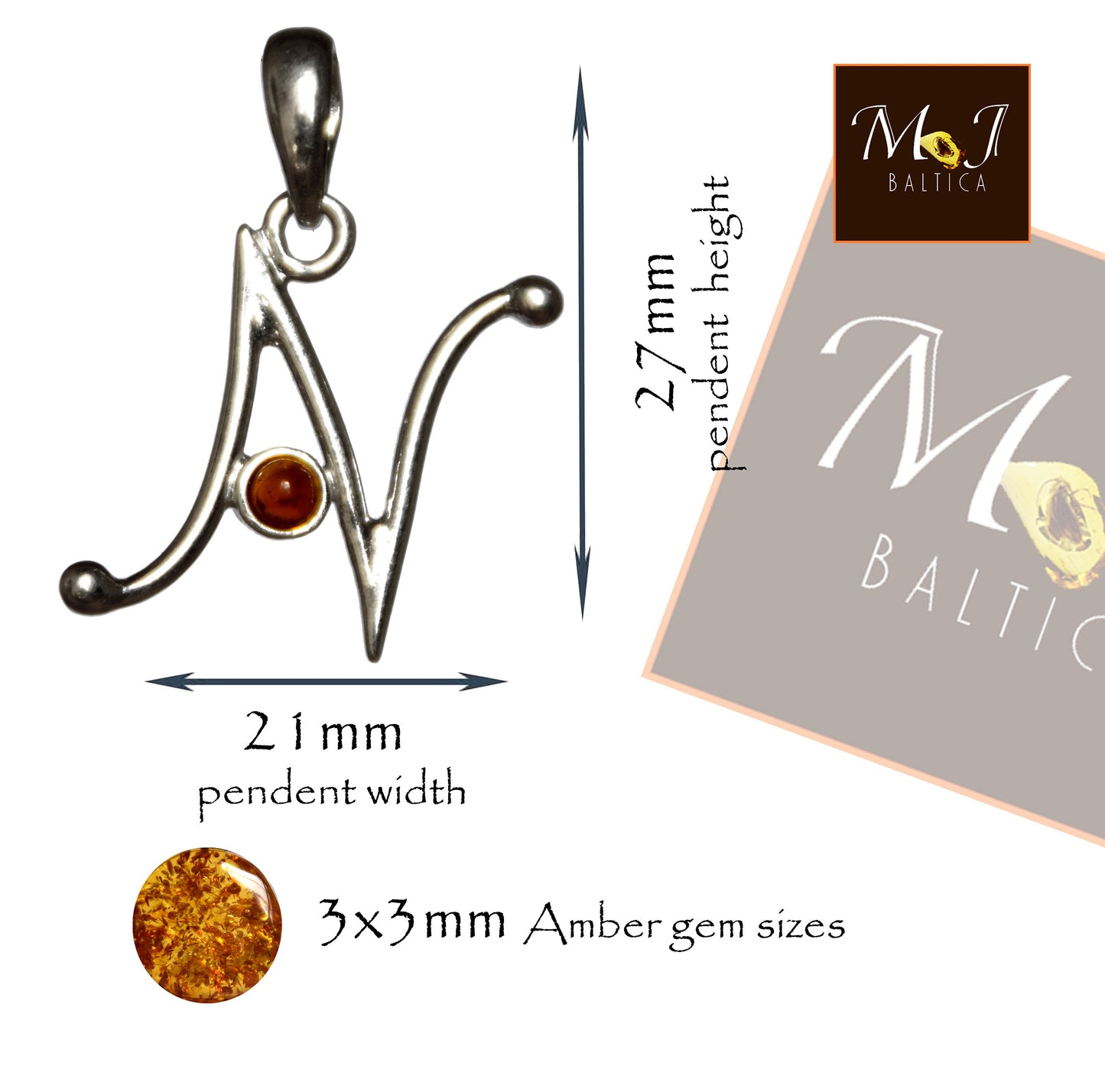 MJ Baltica, pendant, natural Baltic amber, 925 silver, N, letter, initial, cursive, BWLN