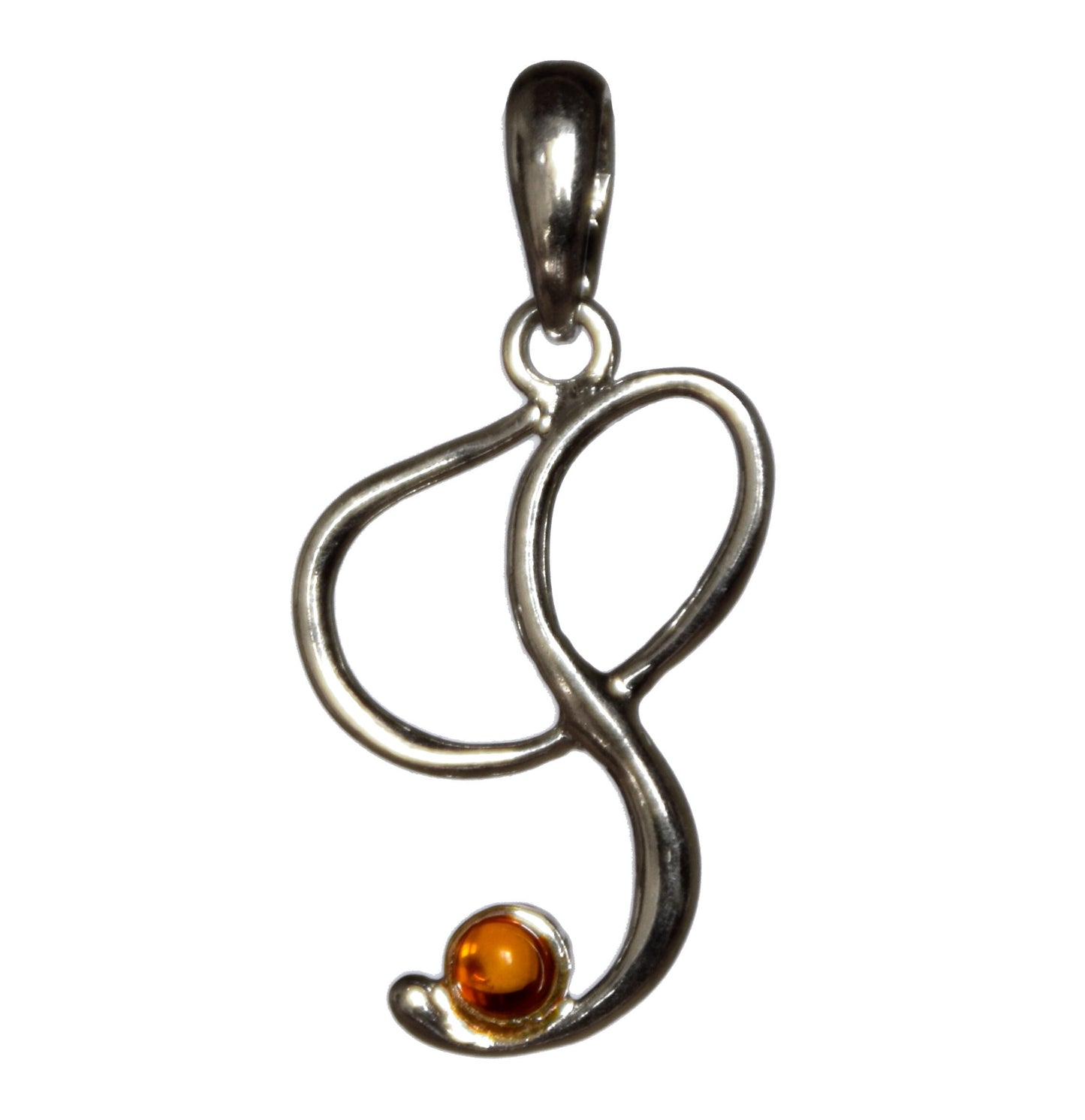 MJ Baltica, pendant, natural Baltic amber, 925 silver, S, letter, initial, cursive, BWLS