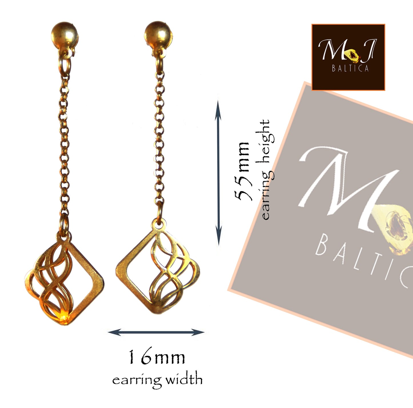 MJ Balica, orecchini, Argento 925, placcato in Oro 14k, lungo, catena, pendente SZK003