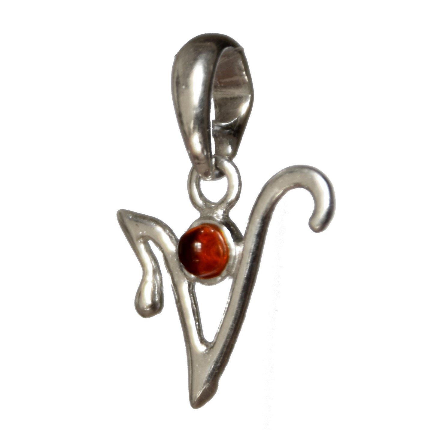 MJ Baltica, pendant, natural Baltic amber, 925 silver, V, letter, initial, cursive, BWLV