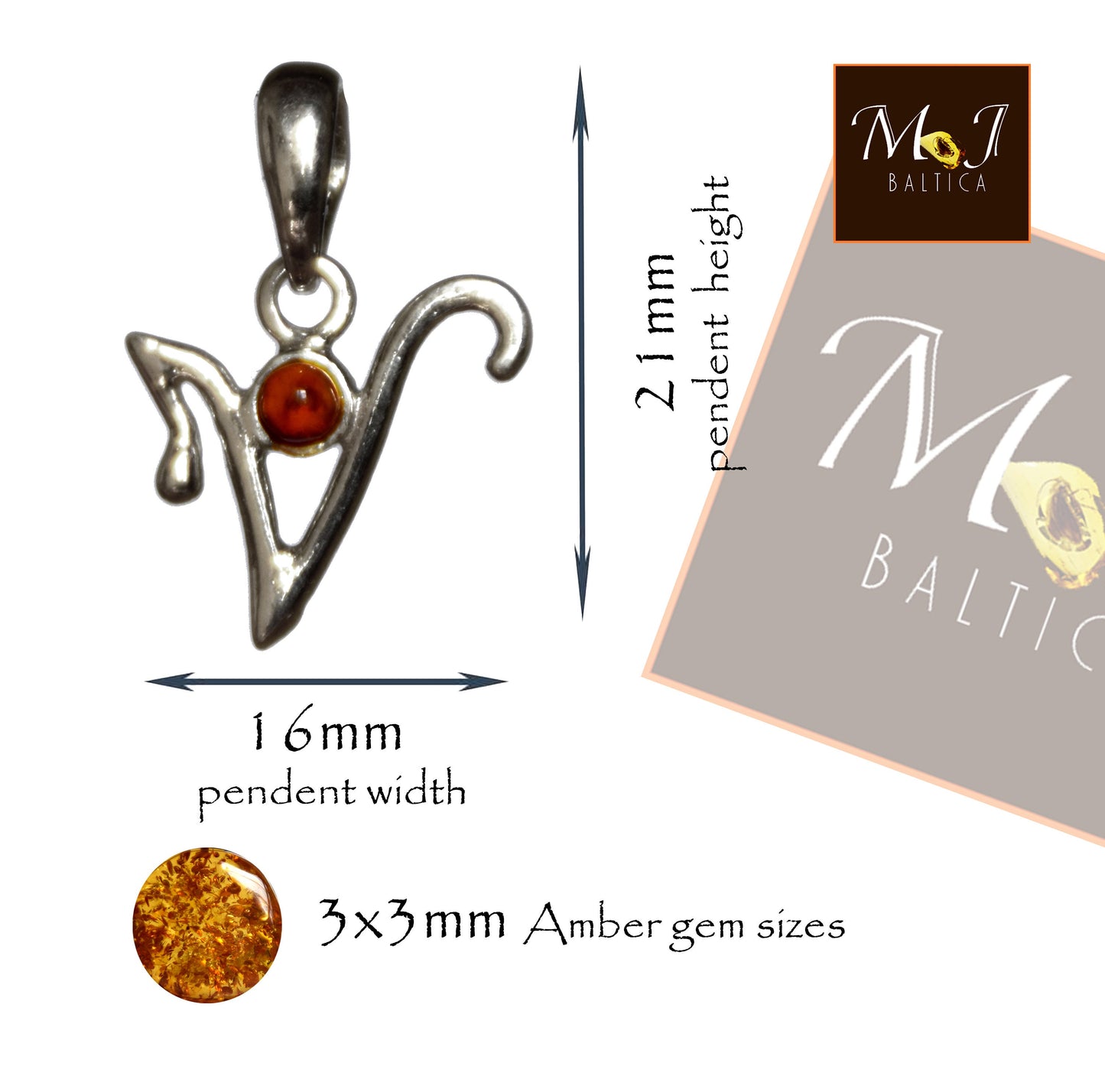 MJ Baltica, pendant, natural Baltic amber, 925 silver, V, letter, initial, cursive, BWLV