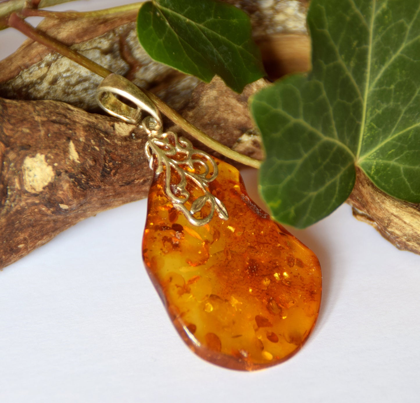 MJ Baltica, pendant, natural Baltic Amber, 925 Silver, unique, large, irregular, refined decoration, BW112