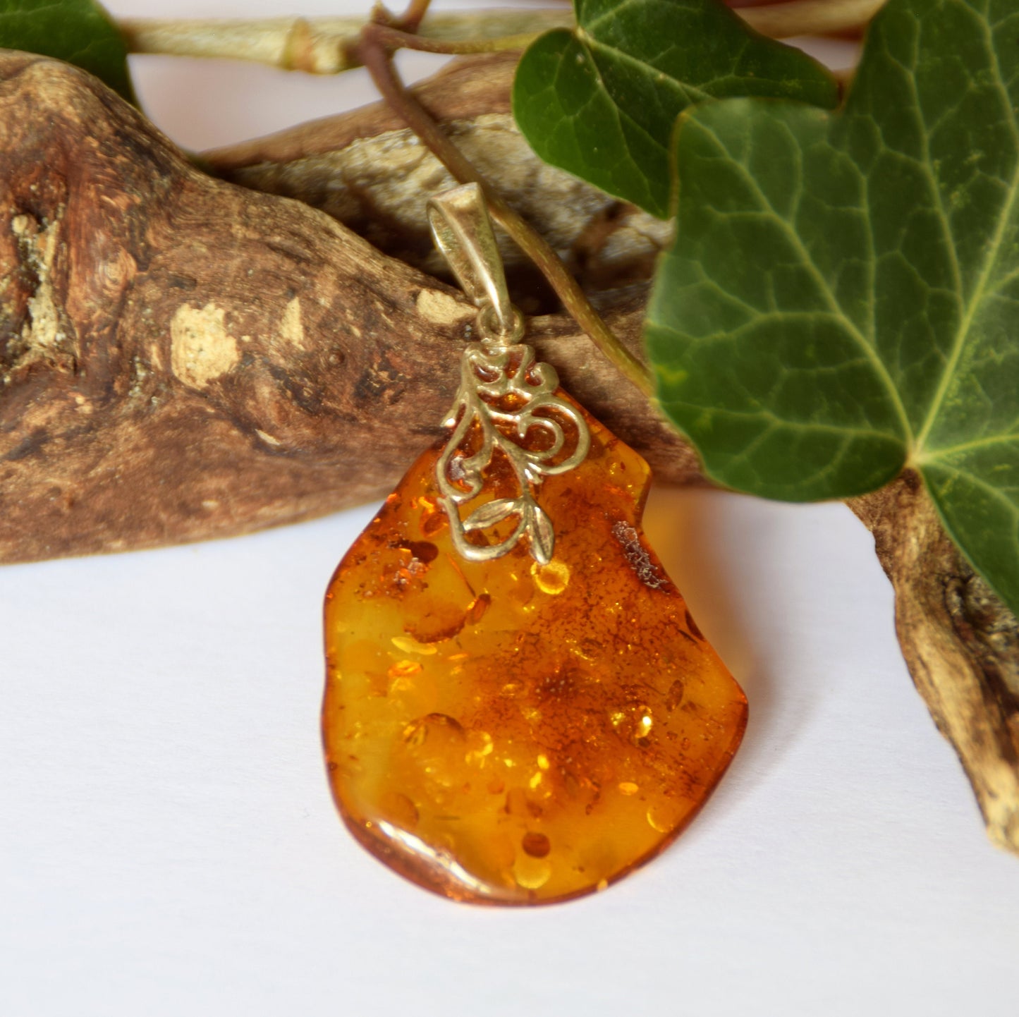 MJ Baltica, pendant, natural Baltic Amber, 925 Silver, unique, large, irregular, refined decoration, BW112