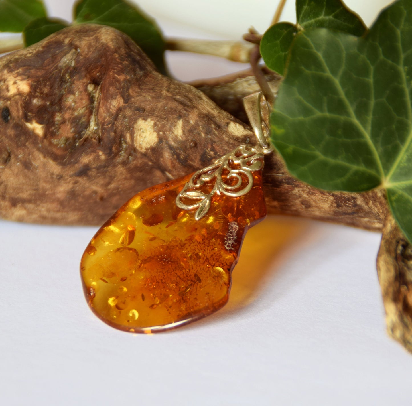 MJ Baltica, pendant, natural Baltic Amber, 925 Silver, unique, large, irregular, refined decoration, BW112