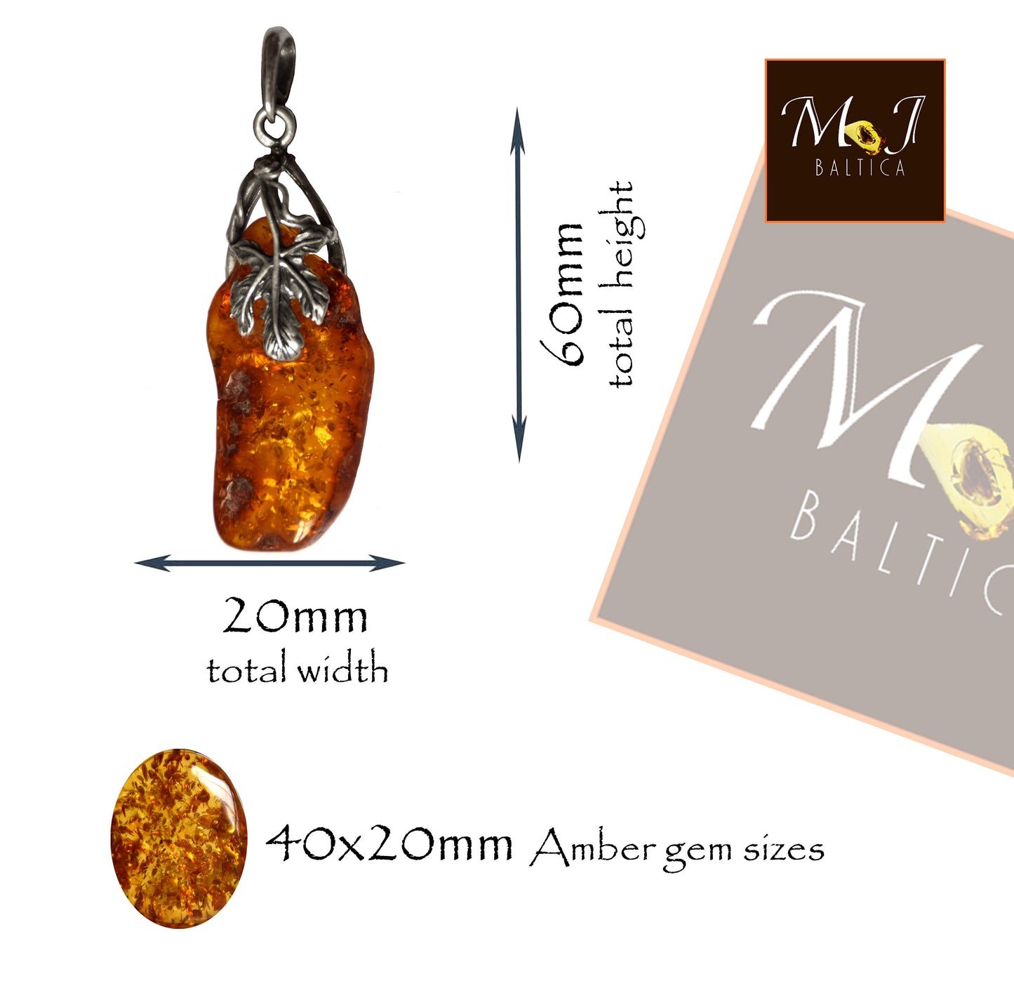 MJ Baltica, pendant, natural Baltic amber, 925 silver, large, irregular, luminous, leaf, BW114