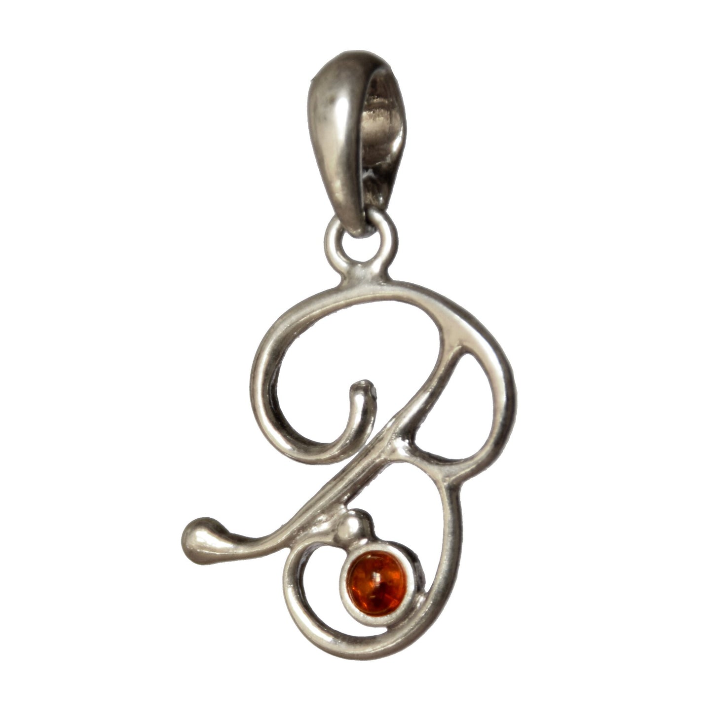 MJ Baltica, pendant, natural Baltic amber, 925 silver, B, letter, initial, cursive, BWLB