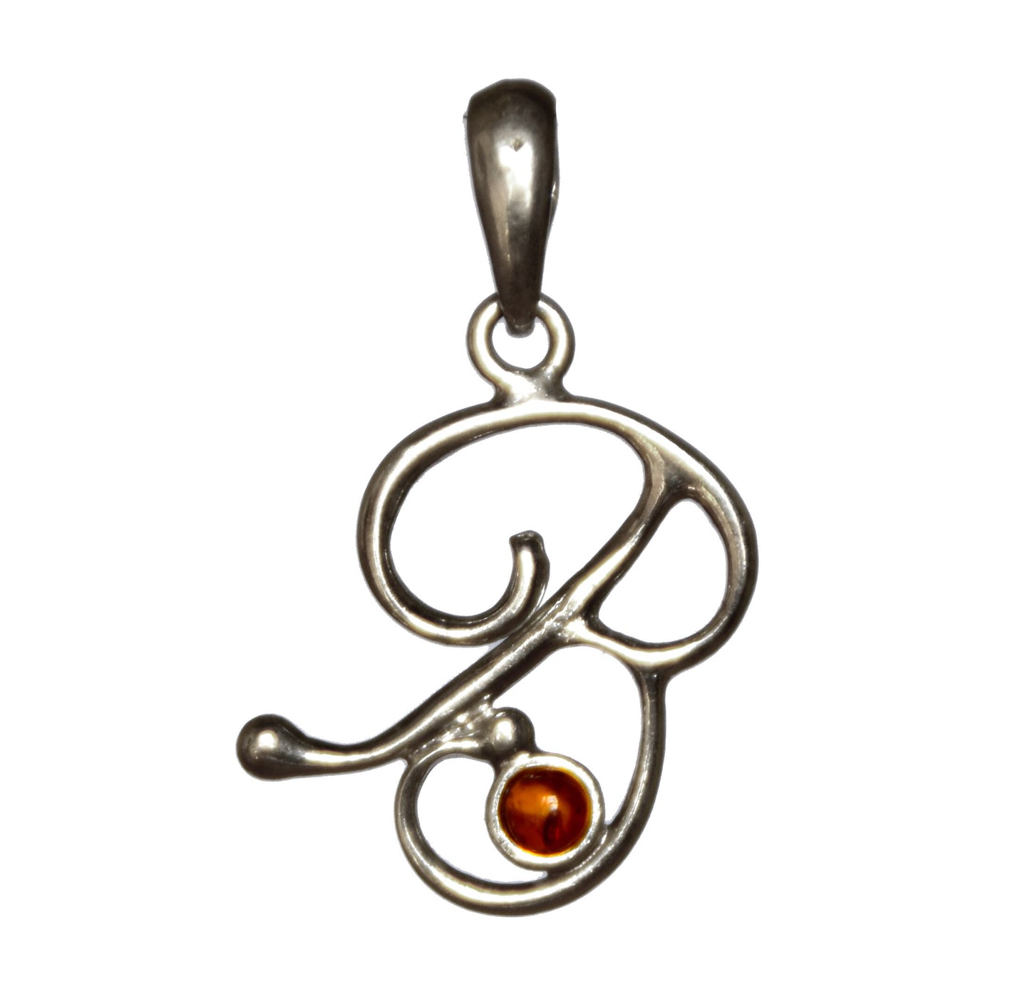 MJ Baltica, pendant, natural Baltic amber, 925 silver, B, letter, initial, cursive, BWLB