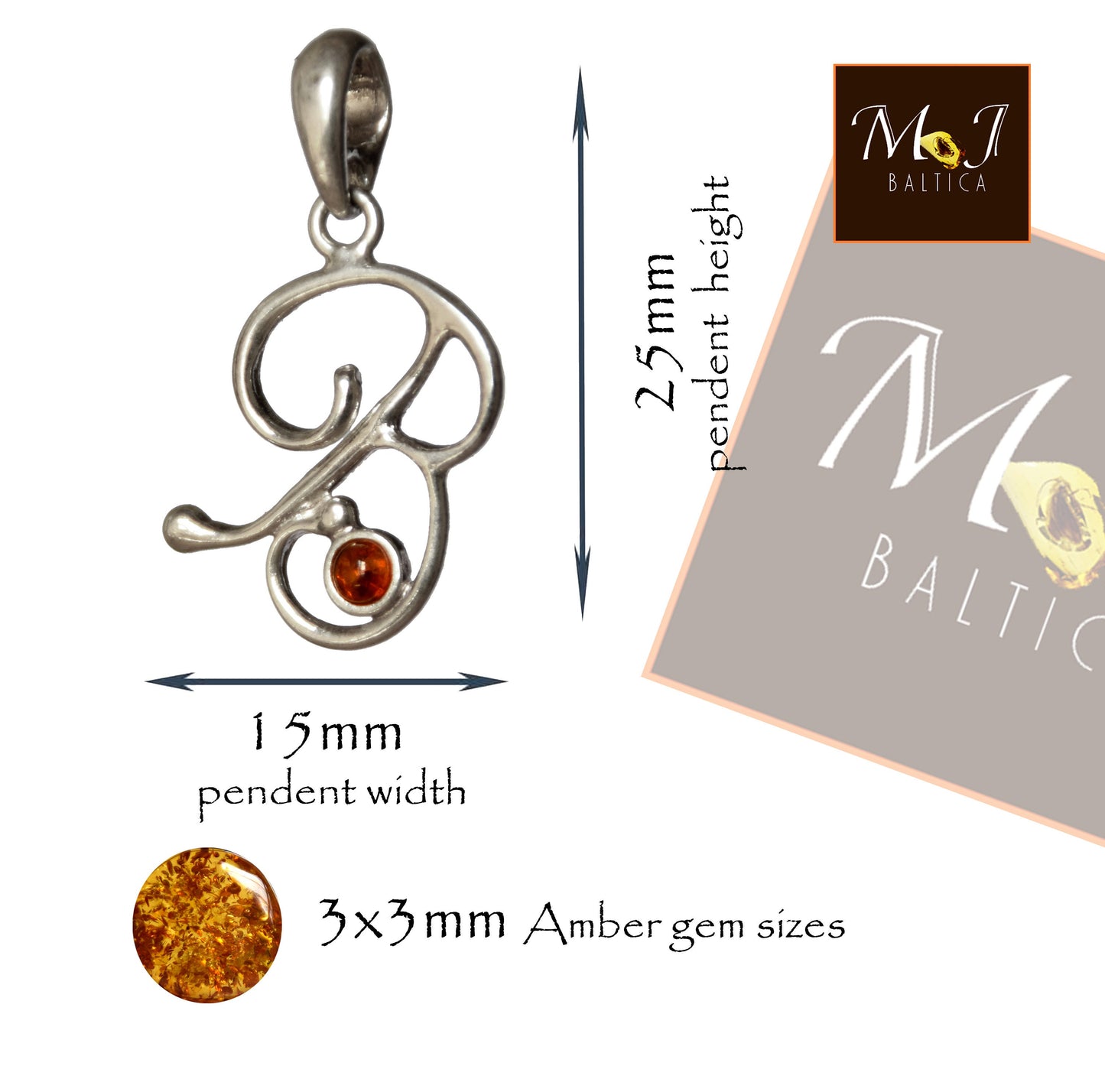 MJ Baltica, pendant, natural Baltic amber, 925 silver, B, letter, initial, cursive, BWLB