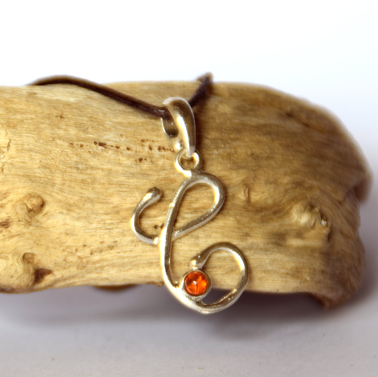 MJ Baltica, pendant, natural Baltic amber, 925 silver, C, letter, initial, italic, BWLC