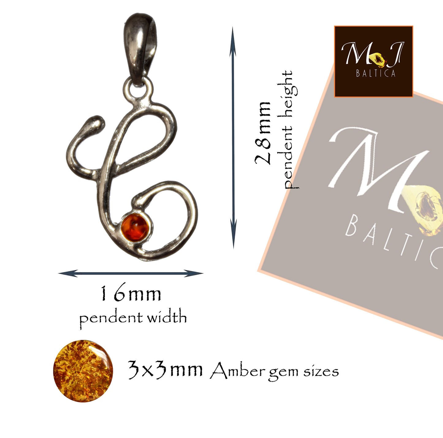 MJ Baltica, pendant, natural Baltic amber, 925 silver, C, letter, initial, italic, BWLC