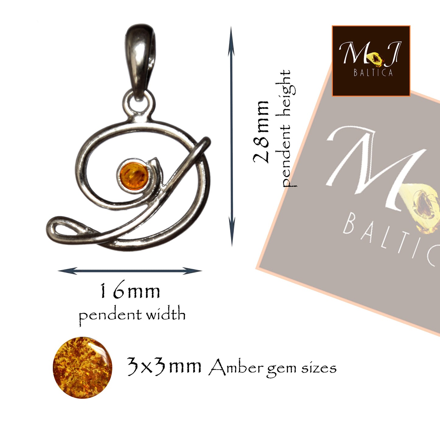 MJ Baltica, pendant, natural Baltic amber, 925 silver, D, letter, initial, cursive, BWLD