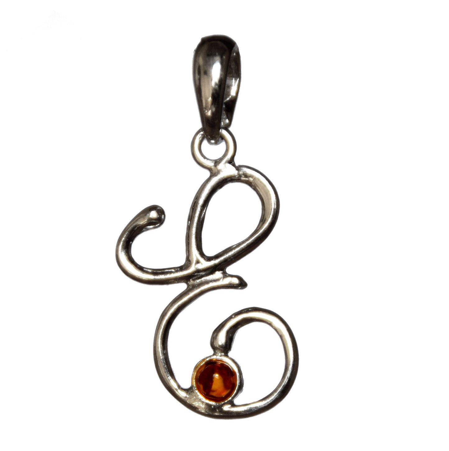 MJ Baltica, pendant, natural Baltic amber, 925 silver, E, letter, initial, cursive, BWLE