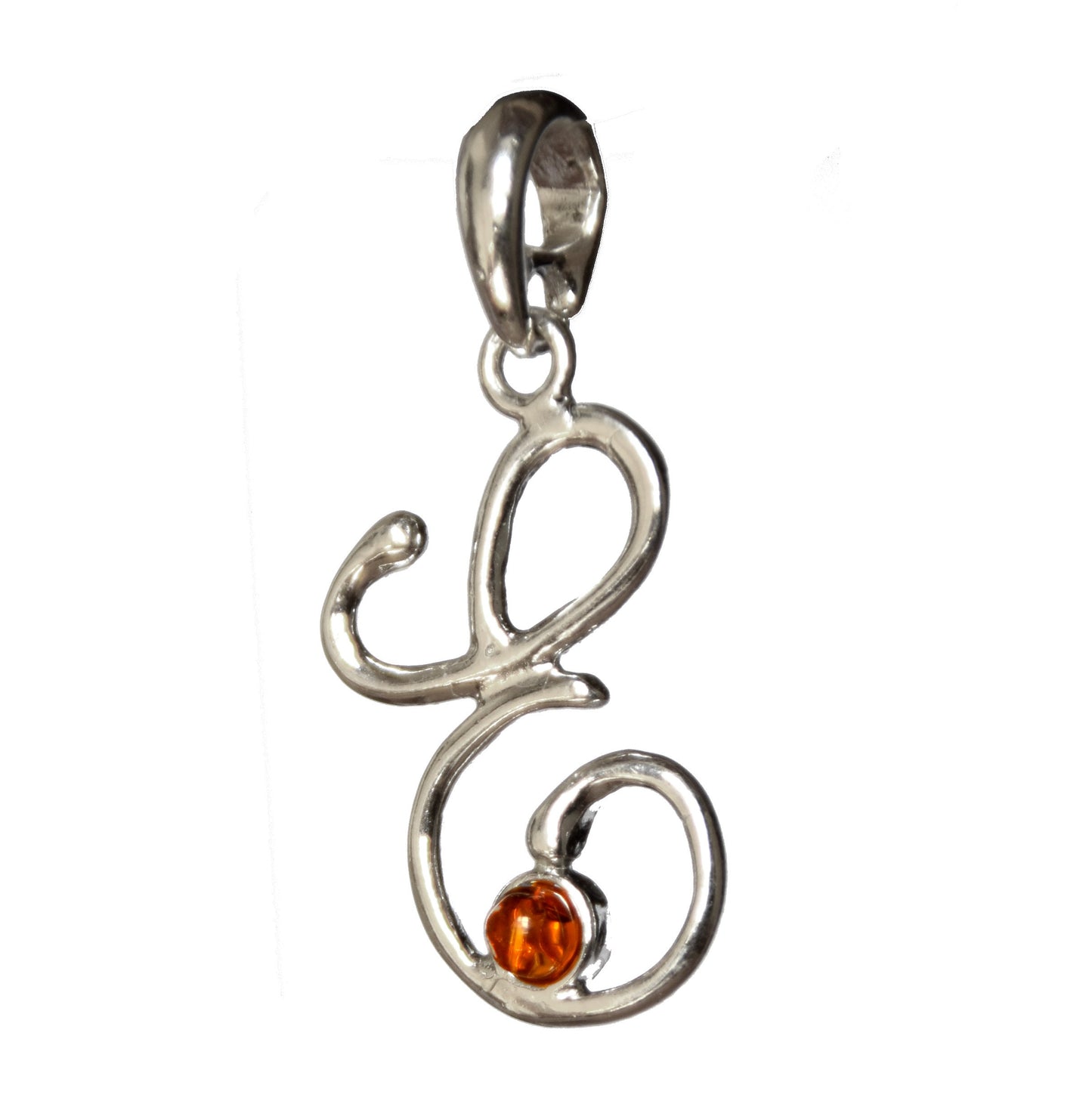 MJ Baltica, pendant, natural Baltic amber, 925 silver, E, letter, initial, cursive, BWLE