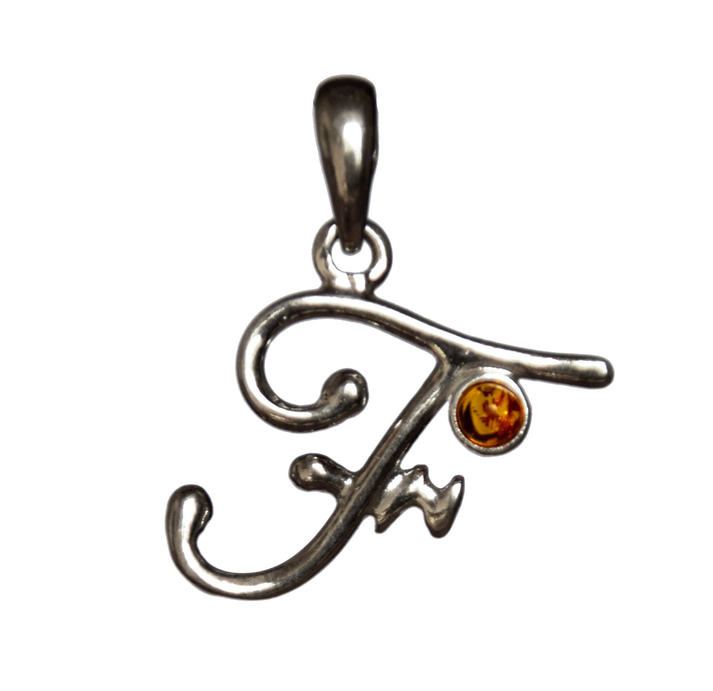 MJ Baltica, pendant, natural Baltic amber, 925 silver, F, letter, initial, cursive, BWLF