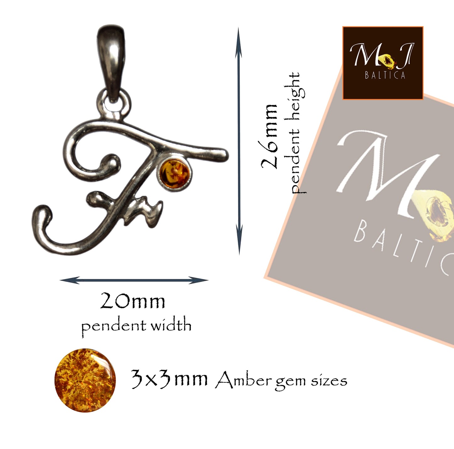 MJ Baltica, pendant, natural Baltic amber, 925 silver, F, letter, initial, cursive, BWLF