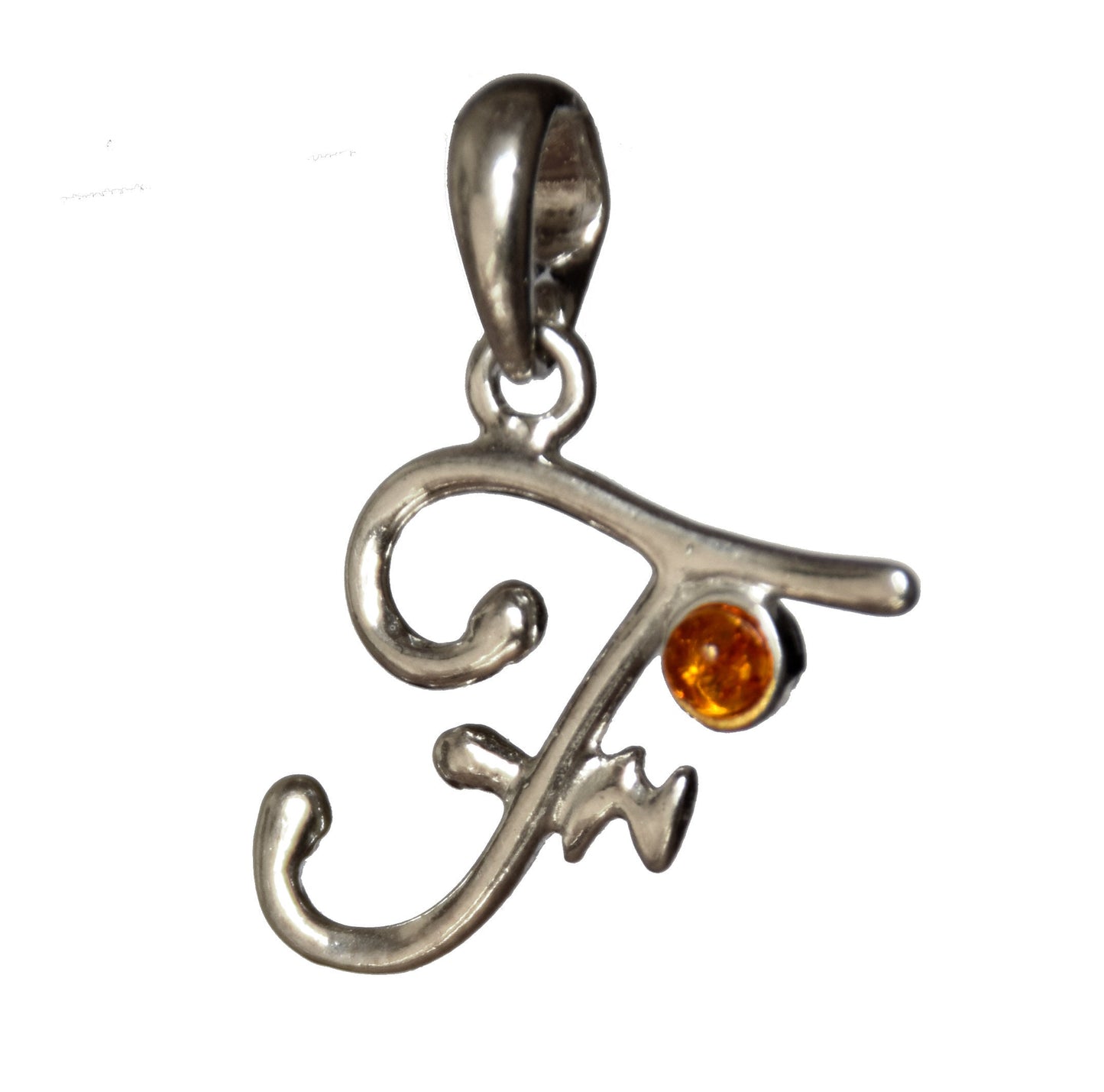 MJ Baltica, pendant, natural Baltic amber, 925 silver, F, letter, initial, cursive, BWLF