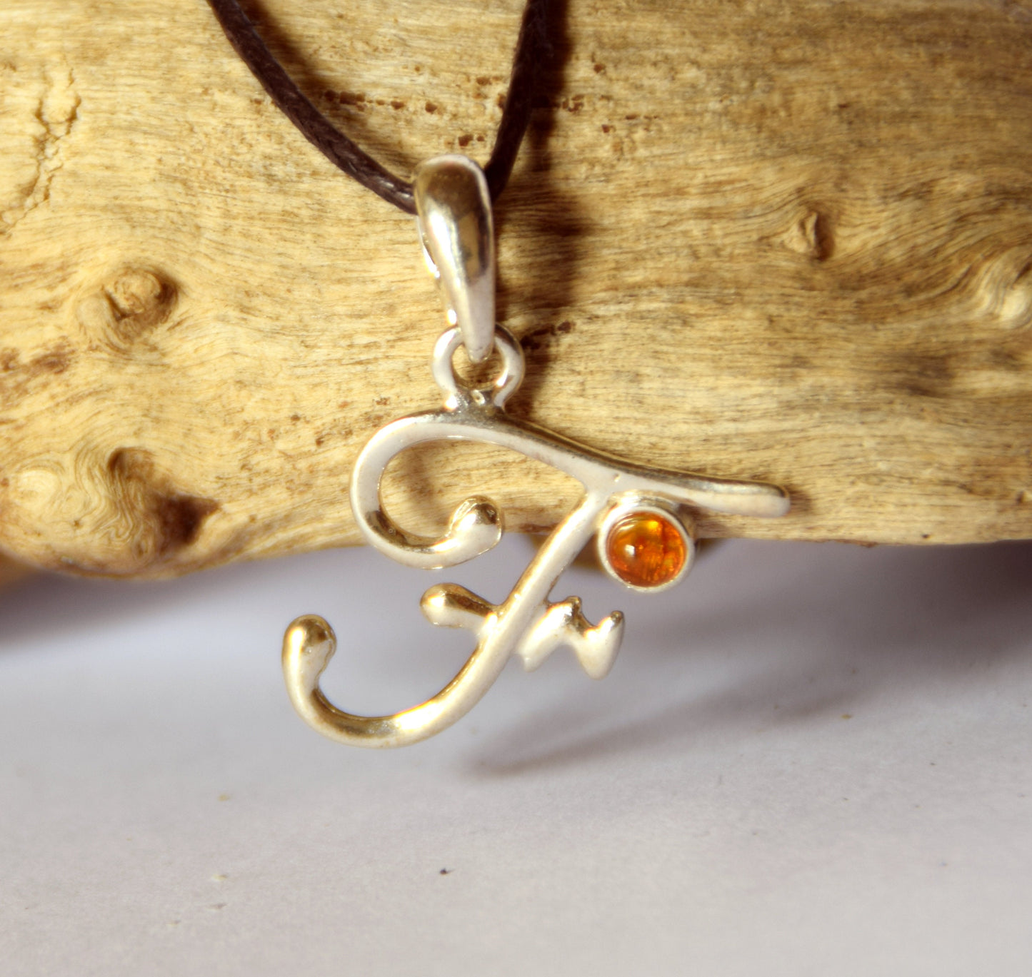 MJ Baltica, pendant, natural Baltic amber, 925 silver, F, letter, initial, cursive, BWLF