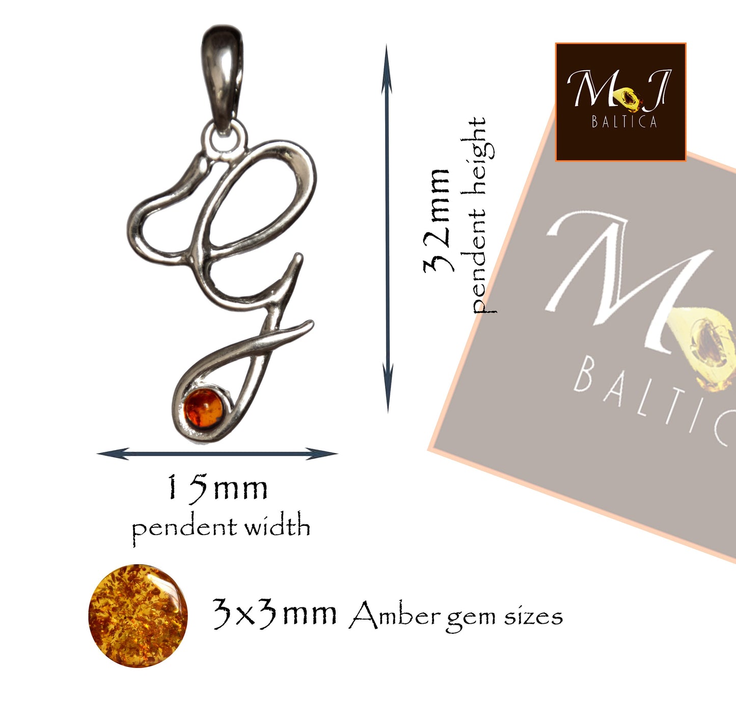 MJ Baltica, pendant, natural Baltic amber, 925 silver, G, letter, initial, cursive, BWLG