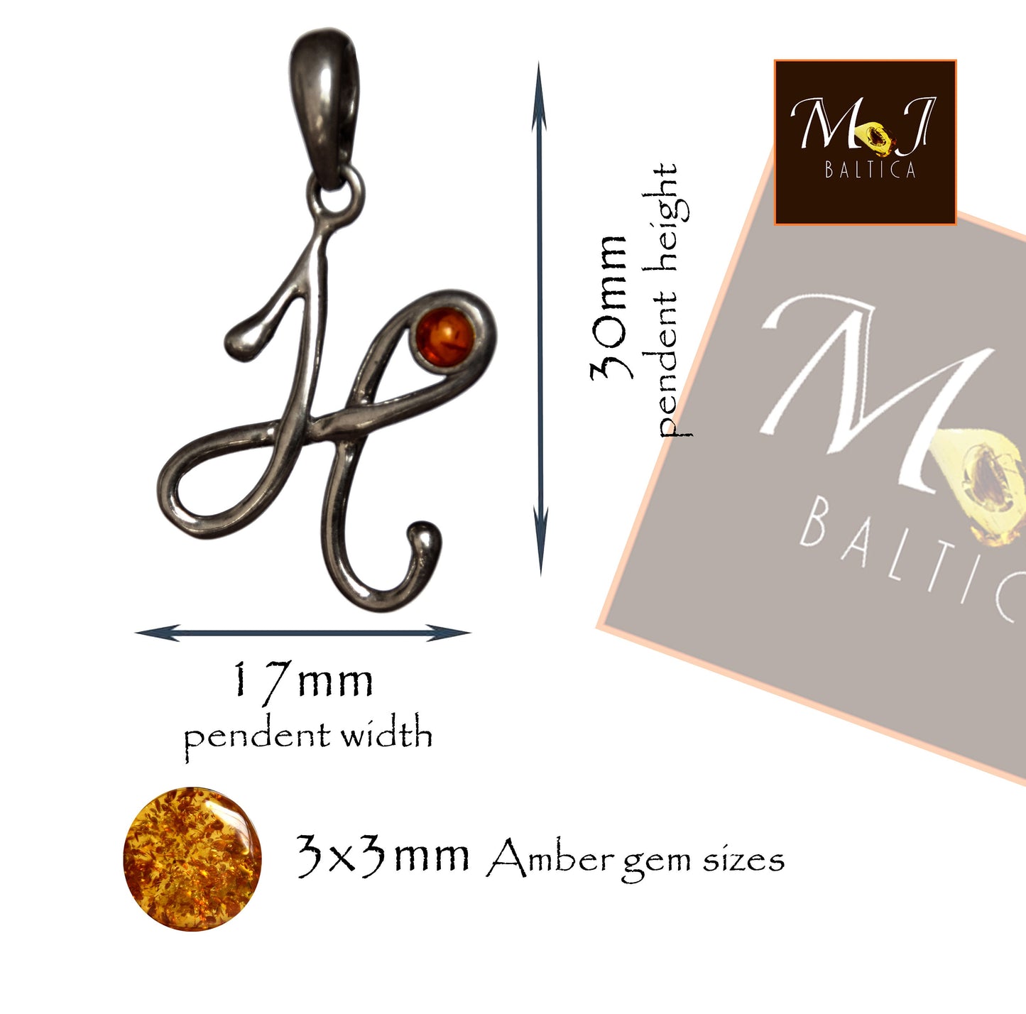 MJ Baltica, pendant, natural Baltic amber, 925 silver, H, letter, initial, cursive BWLH