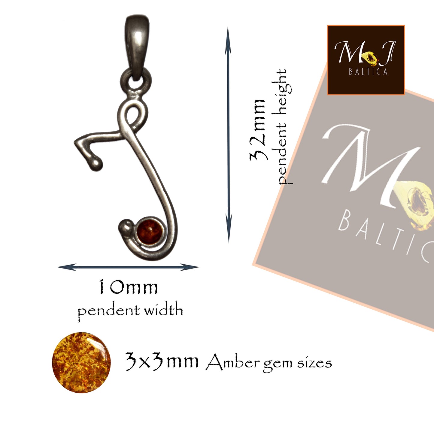 MJ Baltica, pendant, natural Baltic amber, 925 silver, letter, initial, cursive, BWLI