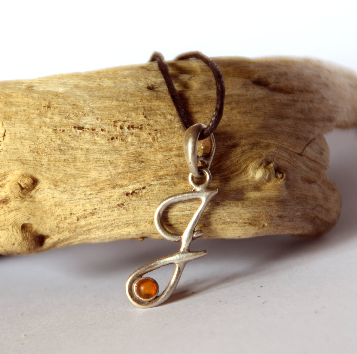 MJ Baltica, pendant, natural Baltic amber, 925 silver, letter, initial, J, cursive, BWLJ