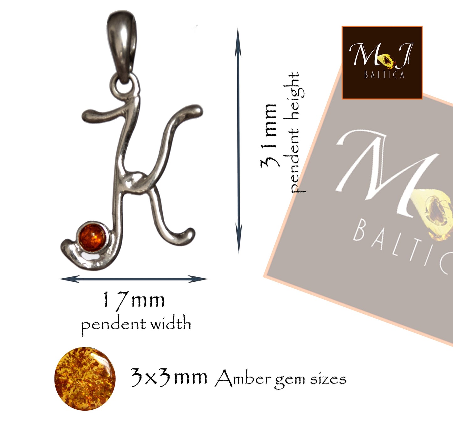 MJ Baltica, pendant, natural Baltic amber, 925 silver, initial, letter, cursive, K, BWLK