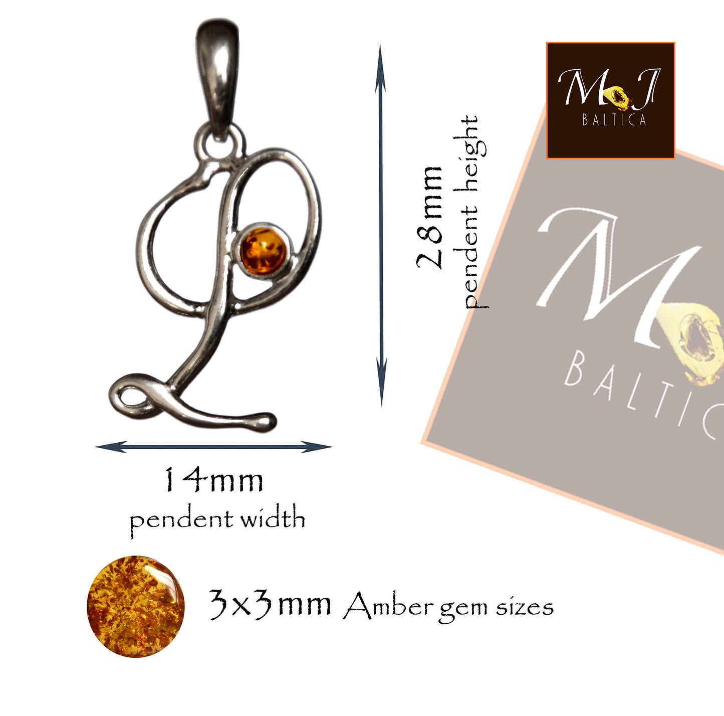 MJ Baltica, pendant, natural Baltic amber, 925 silver, L, initial, letter, cursive BWLL