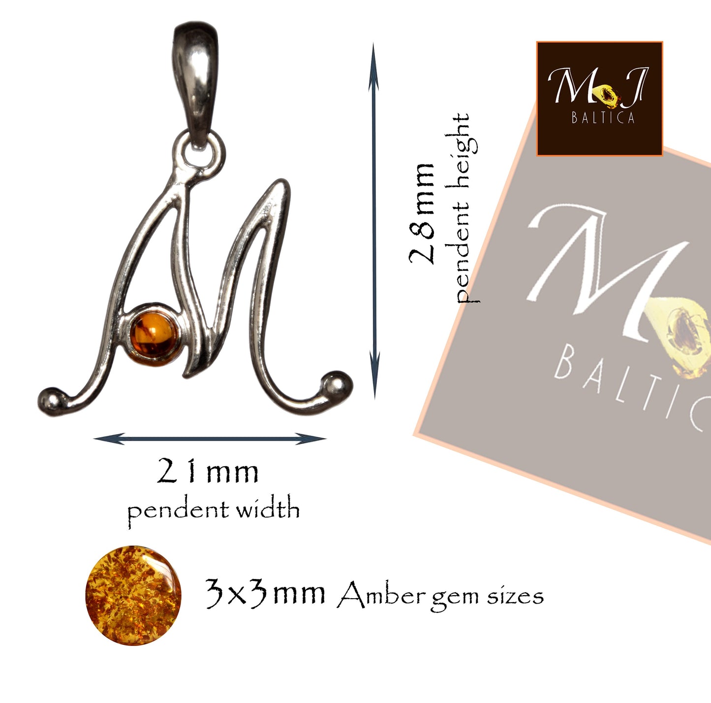 MJ Baltica, pendant, Natural Baltic amber, 925 silver, M, letter, initial, cursive, BWLM