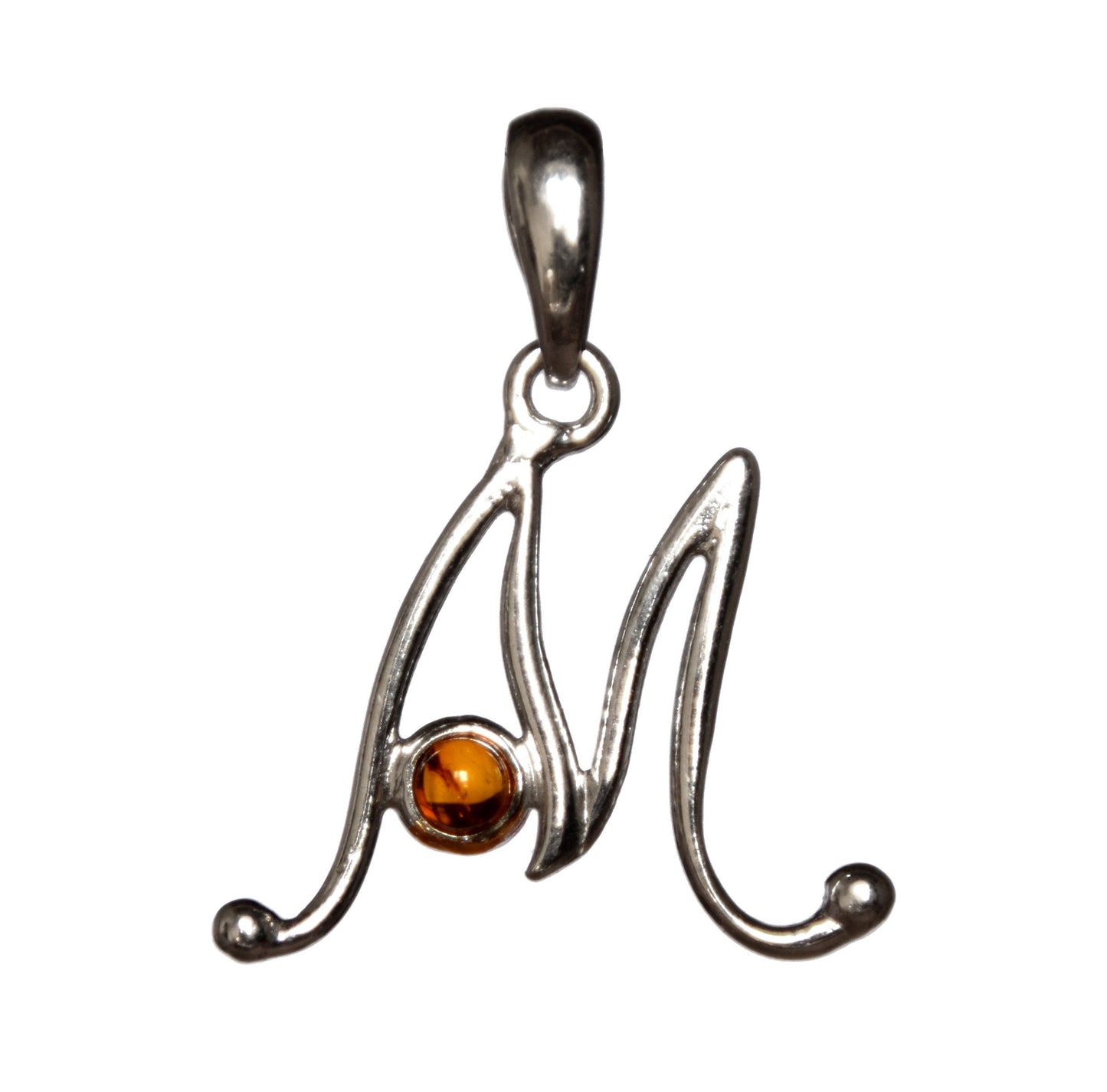 MJ Baltica, pendant, Natural Baltic amber, 925 silver, M, letter, initial, cursive, BWLM