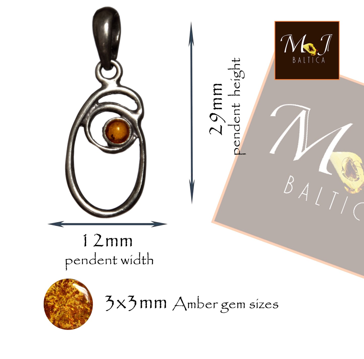 MJ Baltica, pendant, natural Baltic amber, 925 silver, O, letter, initial, cursive, BWLO