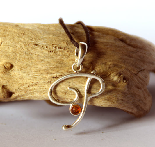 MJ Baltica, pendant, natural Baltic amber, 925 silver, P, letter, initial, cursive, BWLP