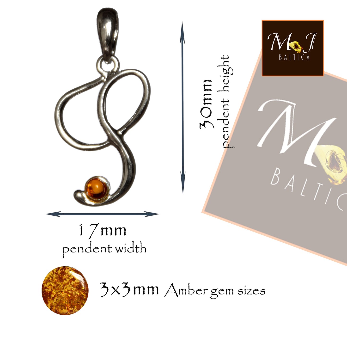 MJ Baltica, pendant, natural Baltic amber, 925 silver, S, letter, initial, cursive, BWLS