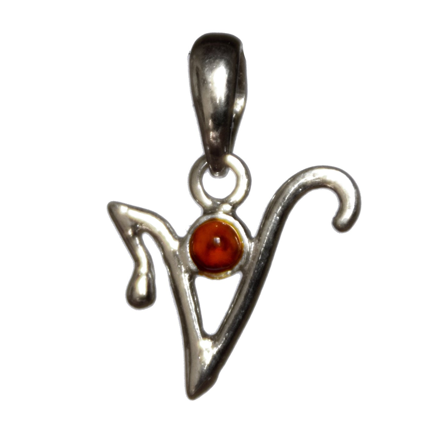 MJ Baltica, pendant, natural Baltic amber, 925 silver, V, letter, initial, cursive, BWLV