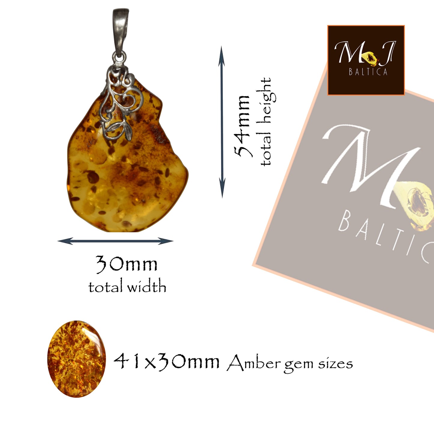 MJ Baltica, pendant, natural Baltic Amber, 925 Silver, unique, large, irregular, refined decoration, BW112