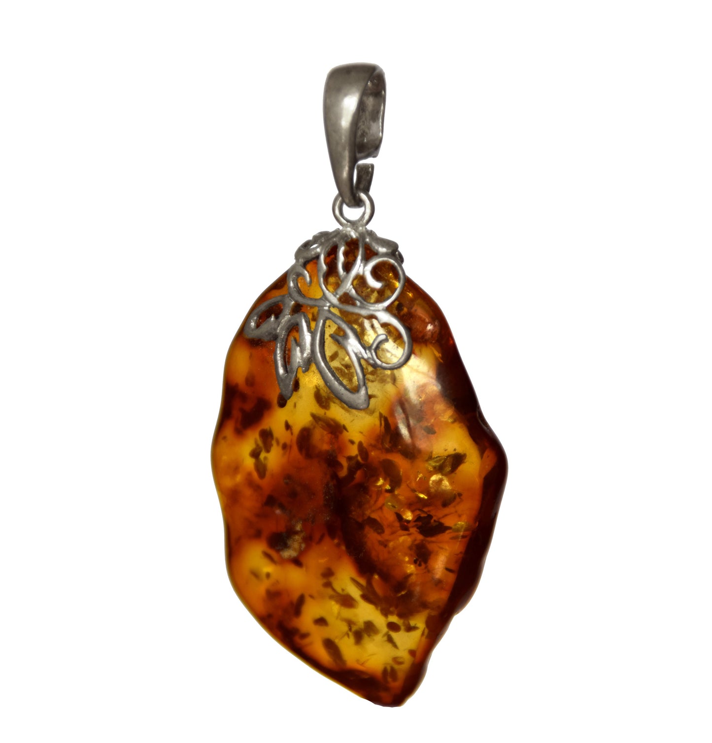 MJ Baltica, pendant, natural Baltic Amber, 925 Silver, irregular, luminous, intense, refined decoration, BW113