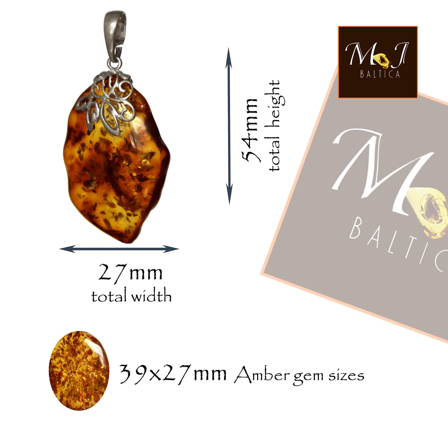 MJ Baltica, pendant, natural Baltic Amber, 925 Silver, irregular, luminous, intense, refined decoration, BW113