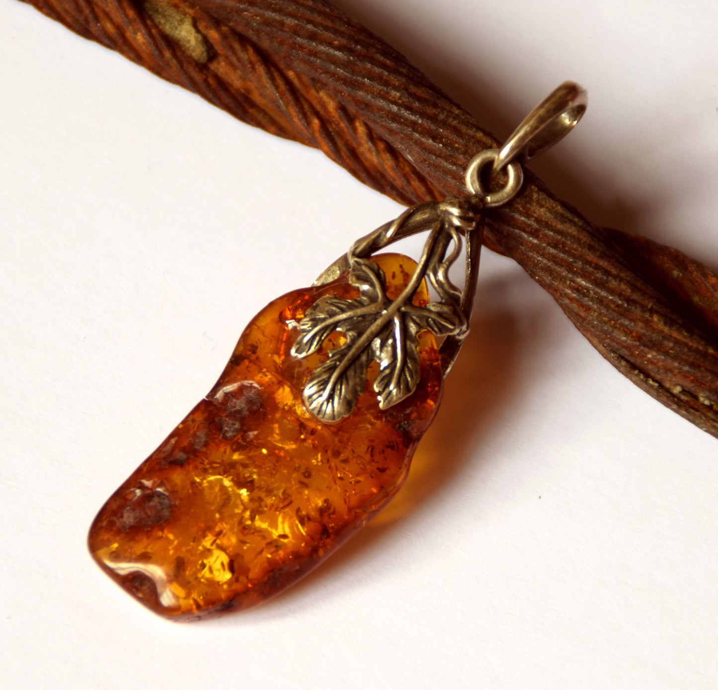 MJ Baltica, pendant, natural Baltic amber, 925 silver, large, irregular, luminous, leaf, BW114