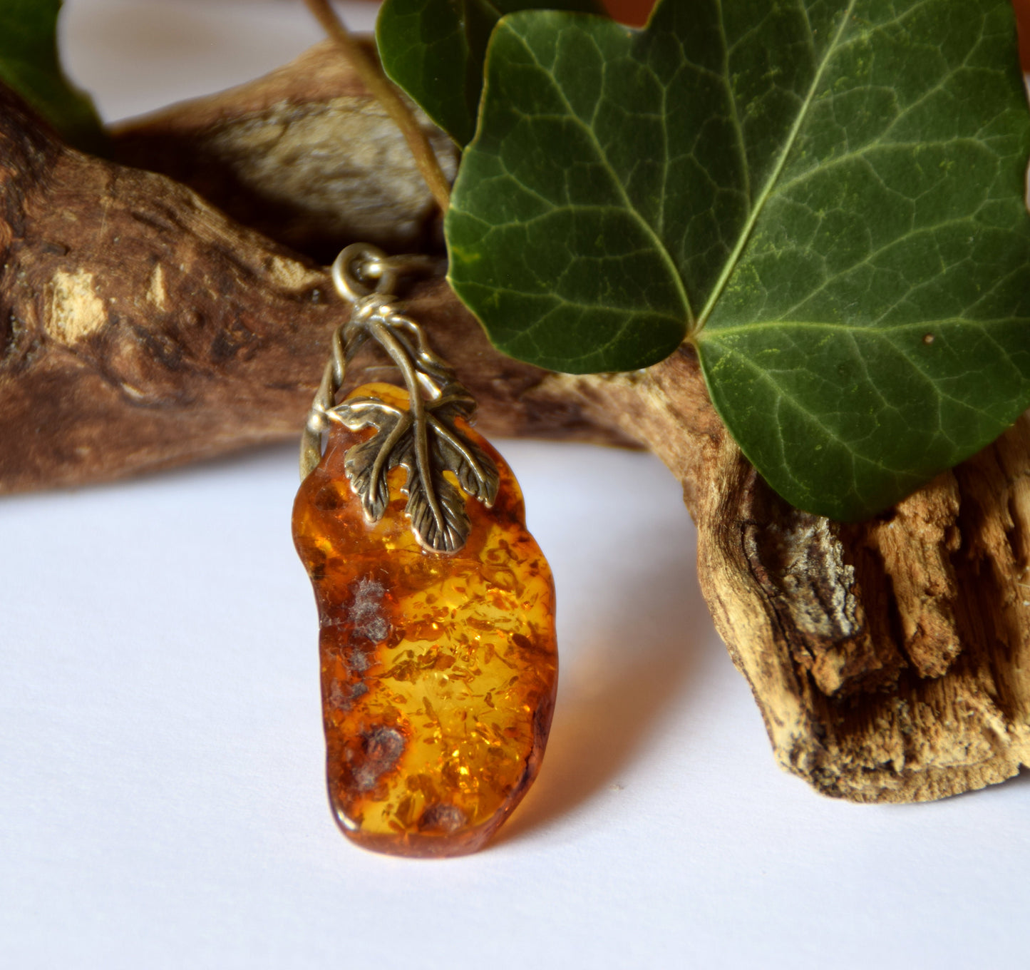 MJ Baltica, pendant, natural Baltic amber, 925 silver, large, irregular, luminous, leaf, BW114